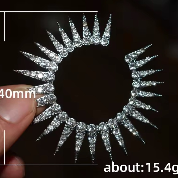 Lux! Silver Spike Rhinestone Hoop Earring – 40mm Statement Sparkle Circle - Picture 4 of 14